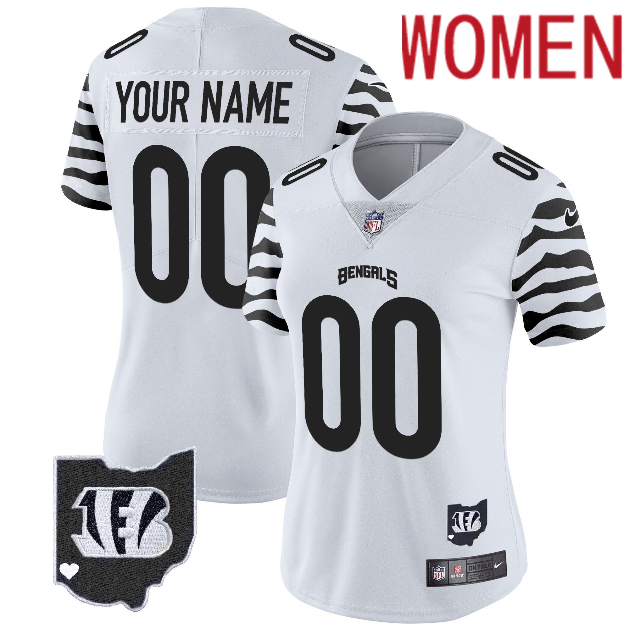 Women Cincinnati Bengals White 2024 Nike Black Stripes Vapor Limited Custom NFL Jersey